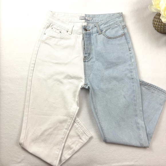 Adika Two-Tone Blue/White Slice High Waisted “mom” Ankle Women's Jeans (Size L) - Picture 2 of 14